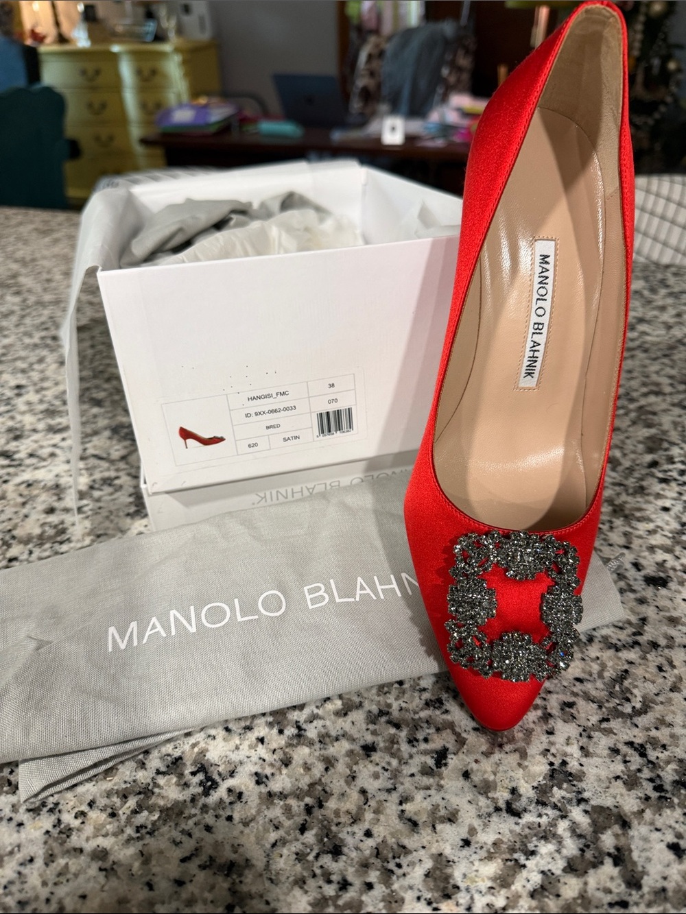 Manolo Blahnik Red Satin Crystal-Buckle Pointed Pump. Never worn